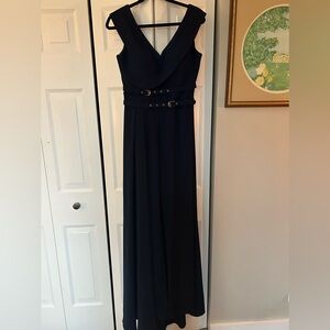 Helin Abive Women's Regal Navy Blue Caped Haute Couture Jumpsuit Made in Turkey